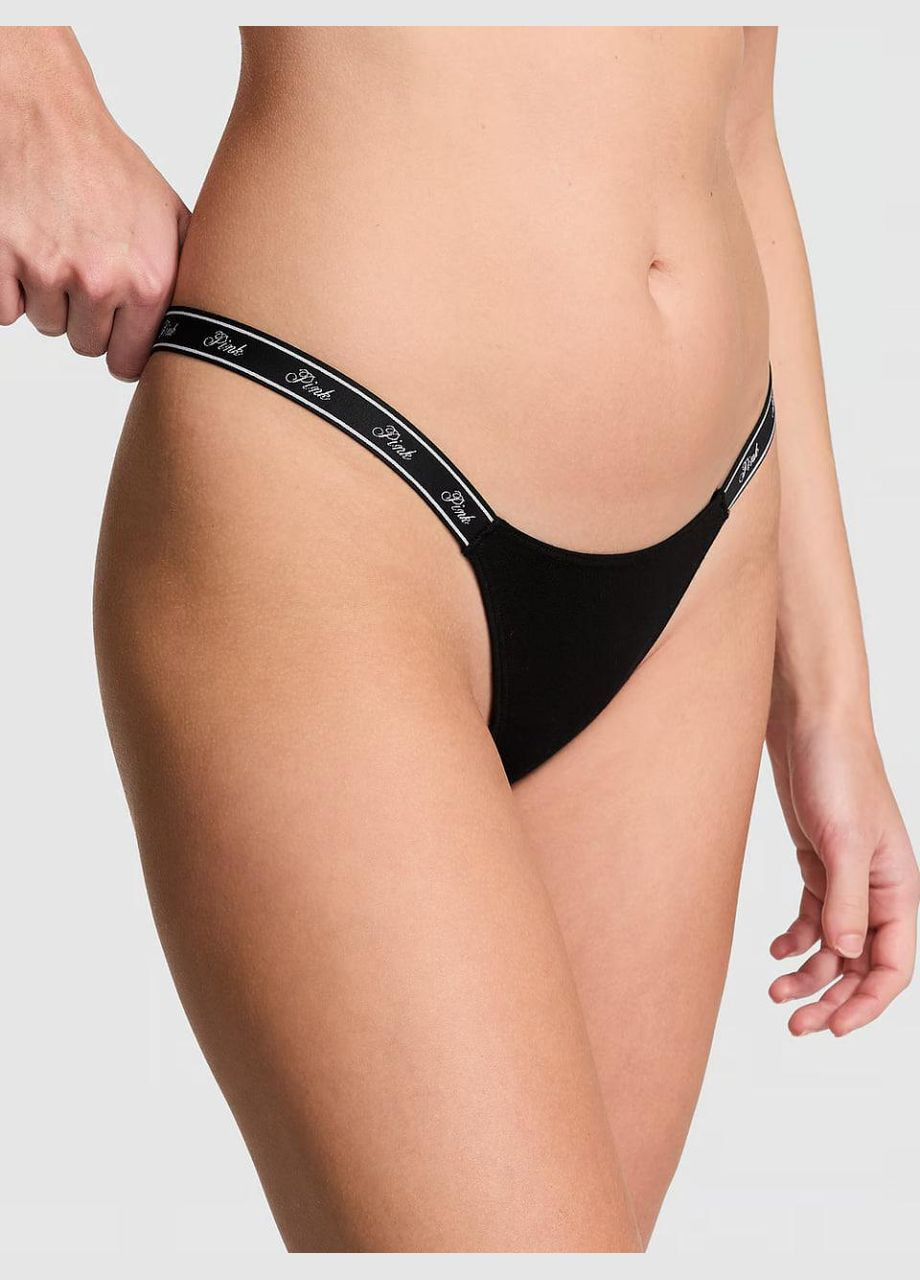 Трусики-стрінги бавовняні PINK Logo Cotton Shine Micro Thong Panty чорні Victoria's Secret (328904331)