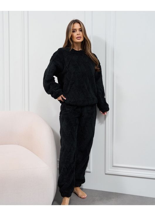 Черная зимняя махровая пижама на эластичных манжетах свитшот + брюки ISSA PLUS