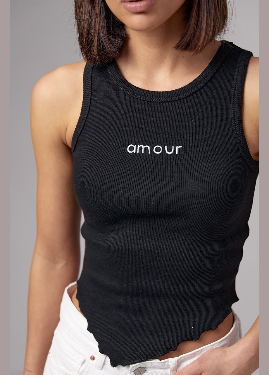 Женская майка в рубчик с асимметрией и надписью Amour Lurex — 284116518