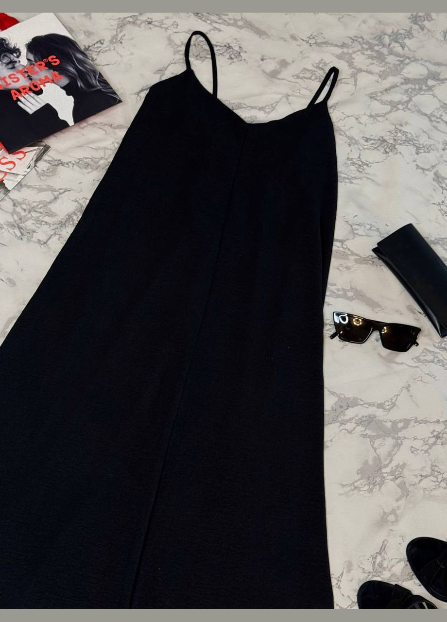 Чорна літня чорна повсякденна сукня на бретельках, приємна до тіла сукня з м'якої тканини No Brand однотонна