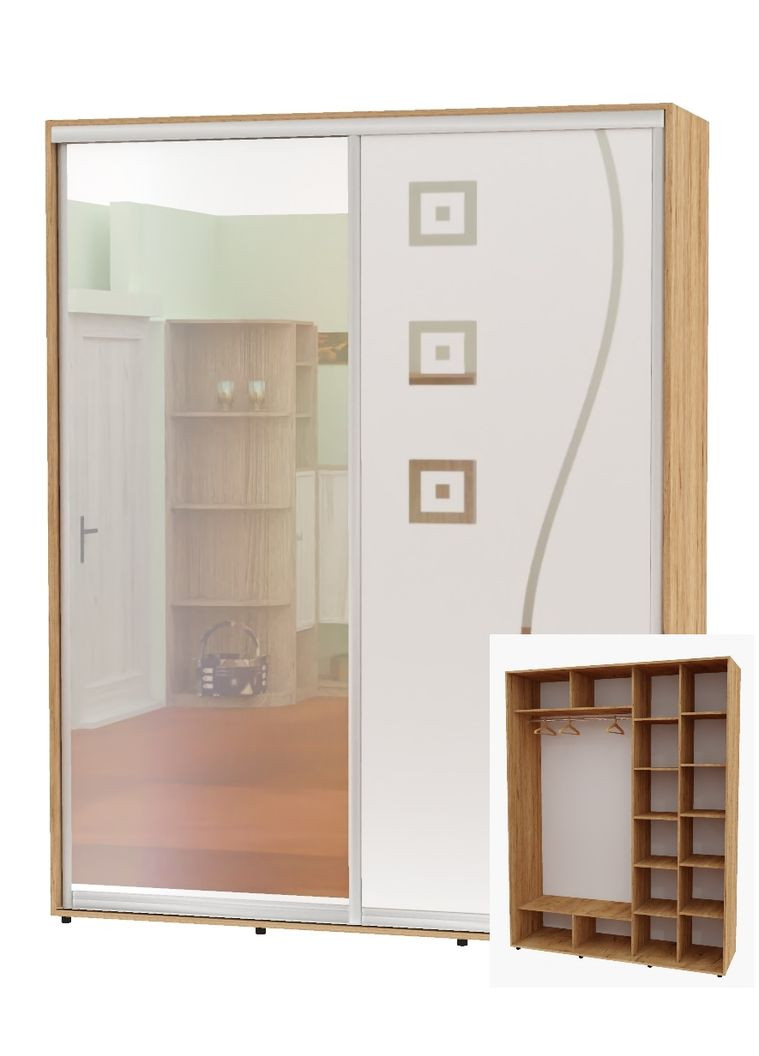 Шафа-купе дводверна 200*60*230 Дуб крафт золотий Дзеркало/Дзеркало з піскострумним малюнком Алекса (360472828)