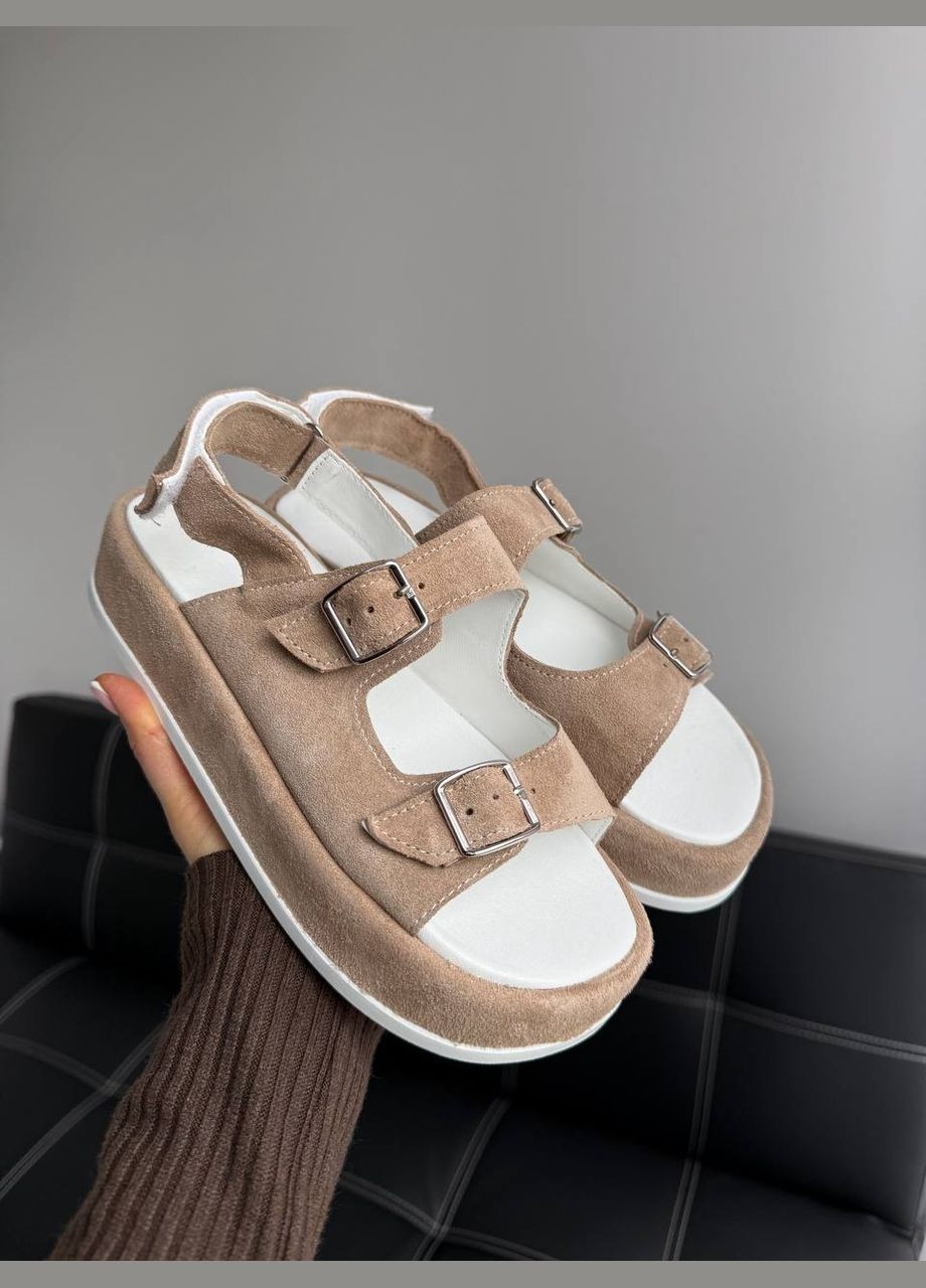 Бежевые босоножки натуральные на платформе 4 см No Brand на липучке