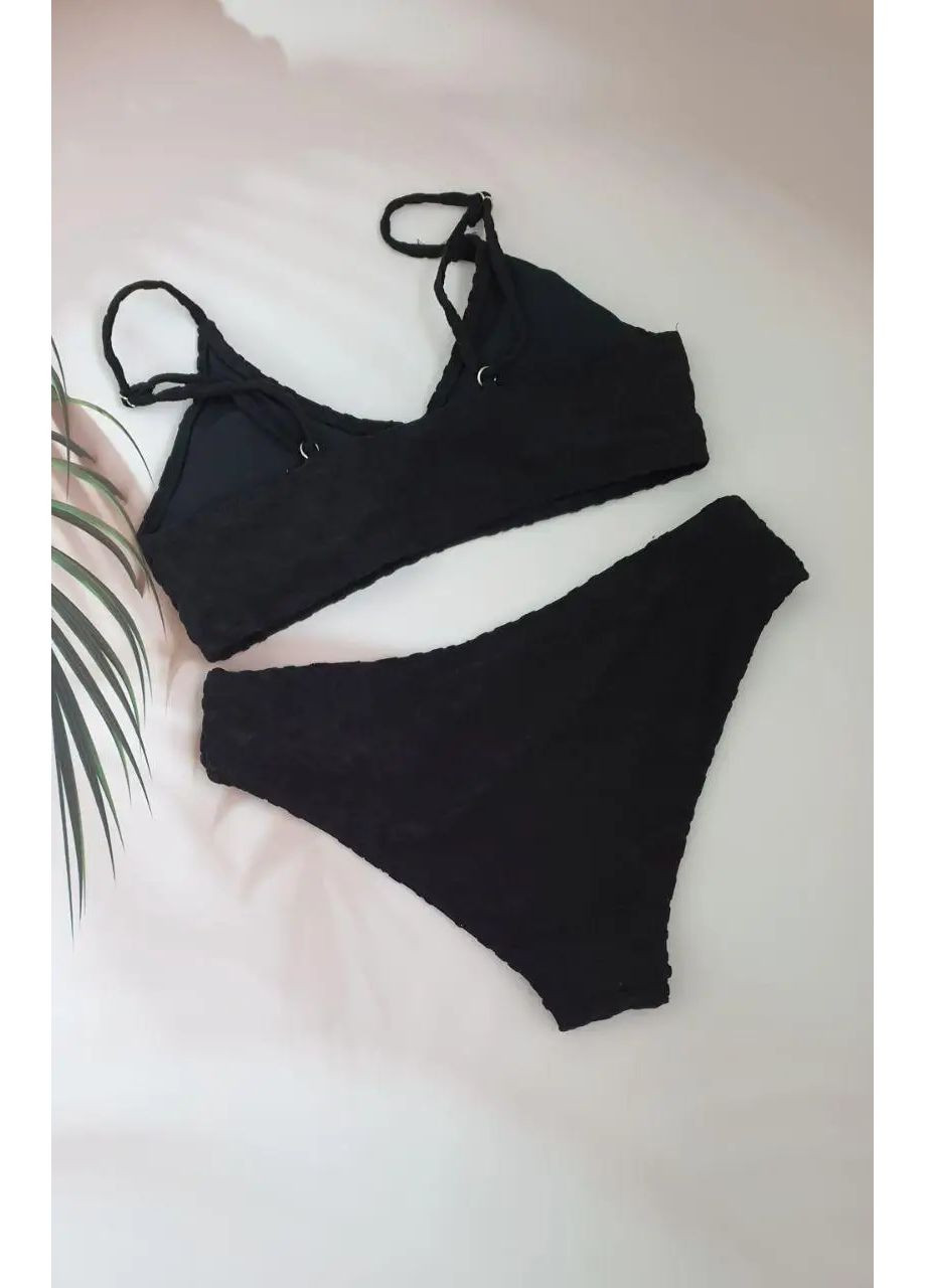 Черный летний молодежный купальник топом, фактурная ткань раздельный No Brand