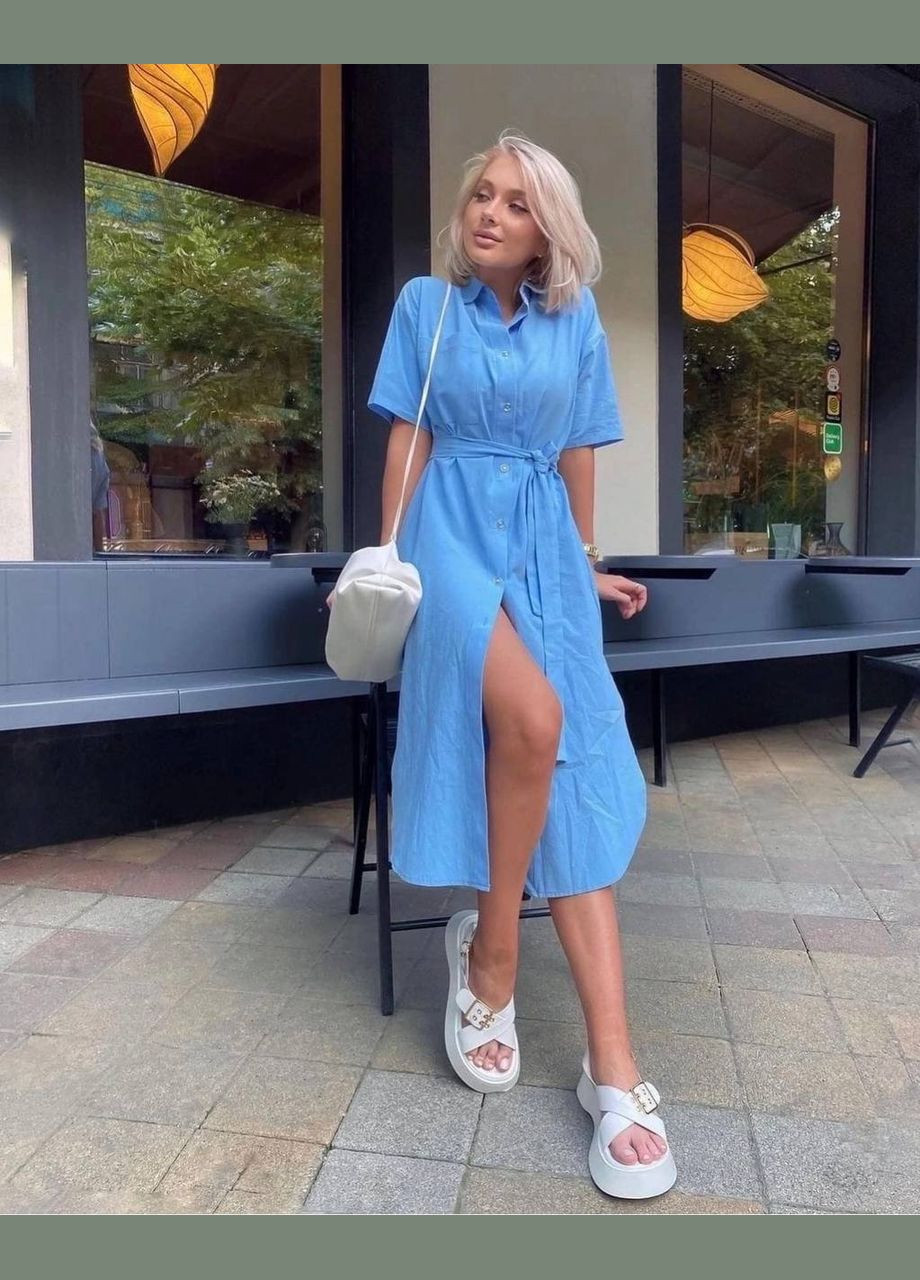 Голубое голубое платье-рубашка из качественного коттона-жатка в универсальном размере 42-48, лёгкий летний вариант платья с поясом No Brand однотонное