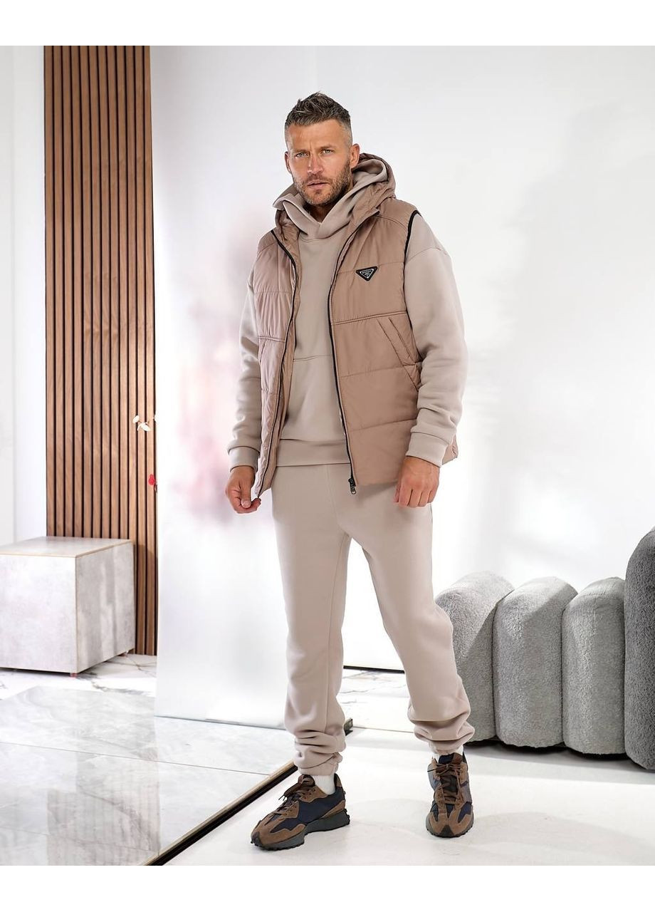Світло-бежевий демісезонний костюм тринитка на флісі (жилет, худи, штани), колір світло-бежевий Fashion
