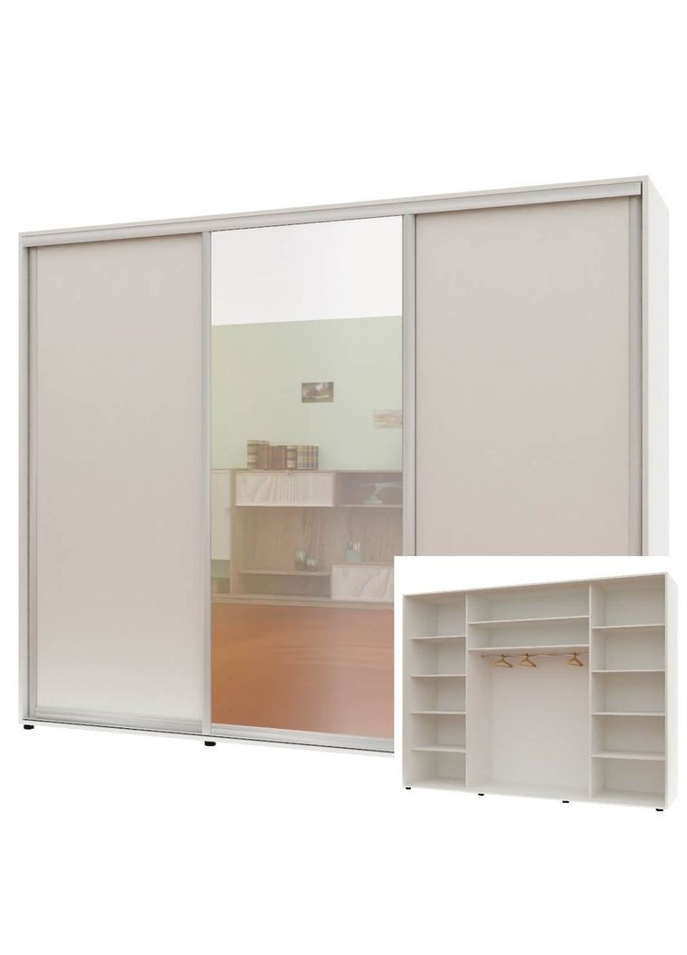 Шафа-купе тридверна 270*60*240 см Білий ДСП + Дзеркало + ДСП Максі Комфорт Меблі (360435853)