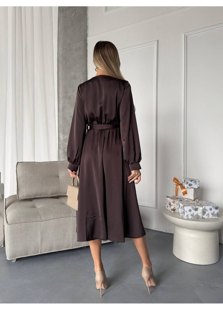 Коричнева ошатна сукня з шовку коричневого кольору 36149 кльош No Brand однотонна