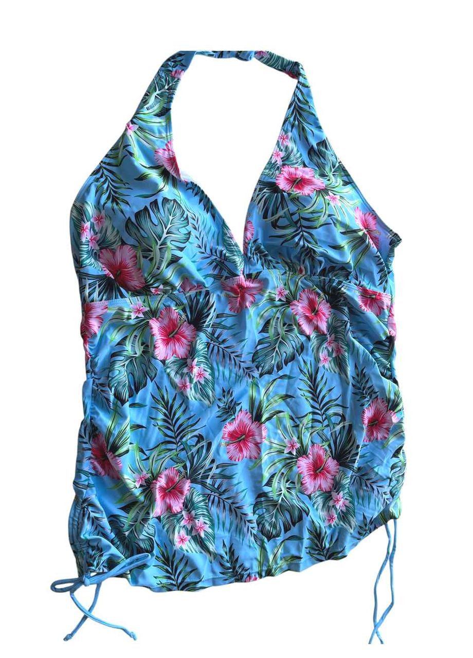 Блакитний літній купальник жіночий танкіні плавки + топ блакитний із квітами великий розмір трікіні, роздільний, танкіні No Brand 5052