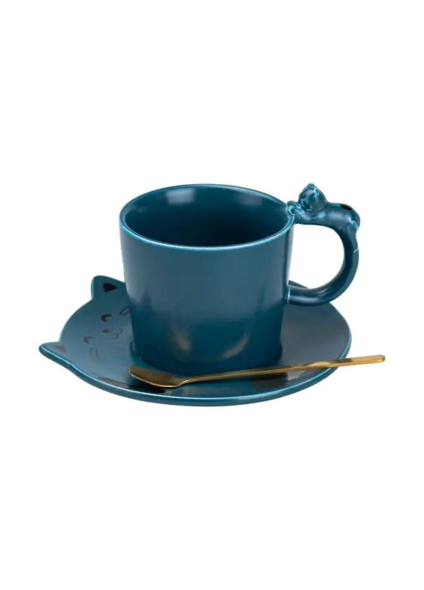 Чашка з блюдцем та ложкою керамічна 250 мл Кошеня Синя HP7202BL TS Kitchen (331784973)