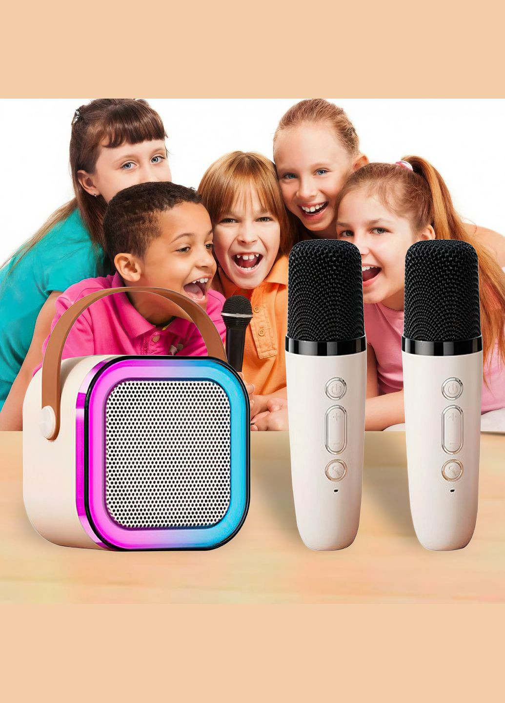 Дитяче караоке з 2-ма мікрофонами K12 Bluetooth колонка з RGB підсвічуванням Бежевий (509) No Brand (334011257)