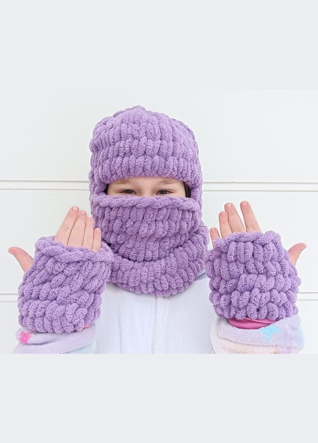 Детская вязаная шапка-балаклава + митенки 2 Льва (354331517)