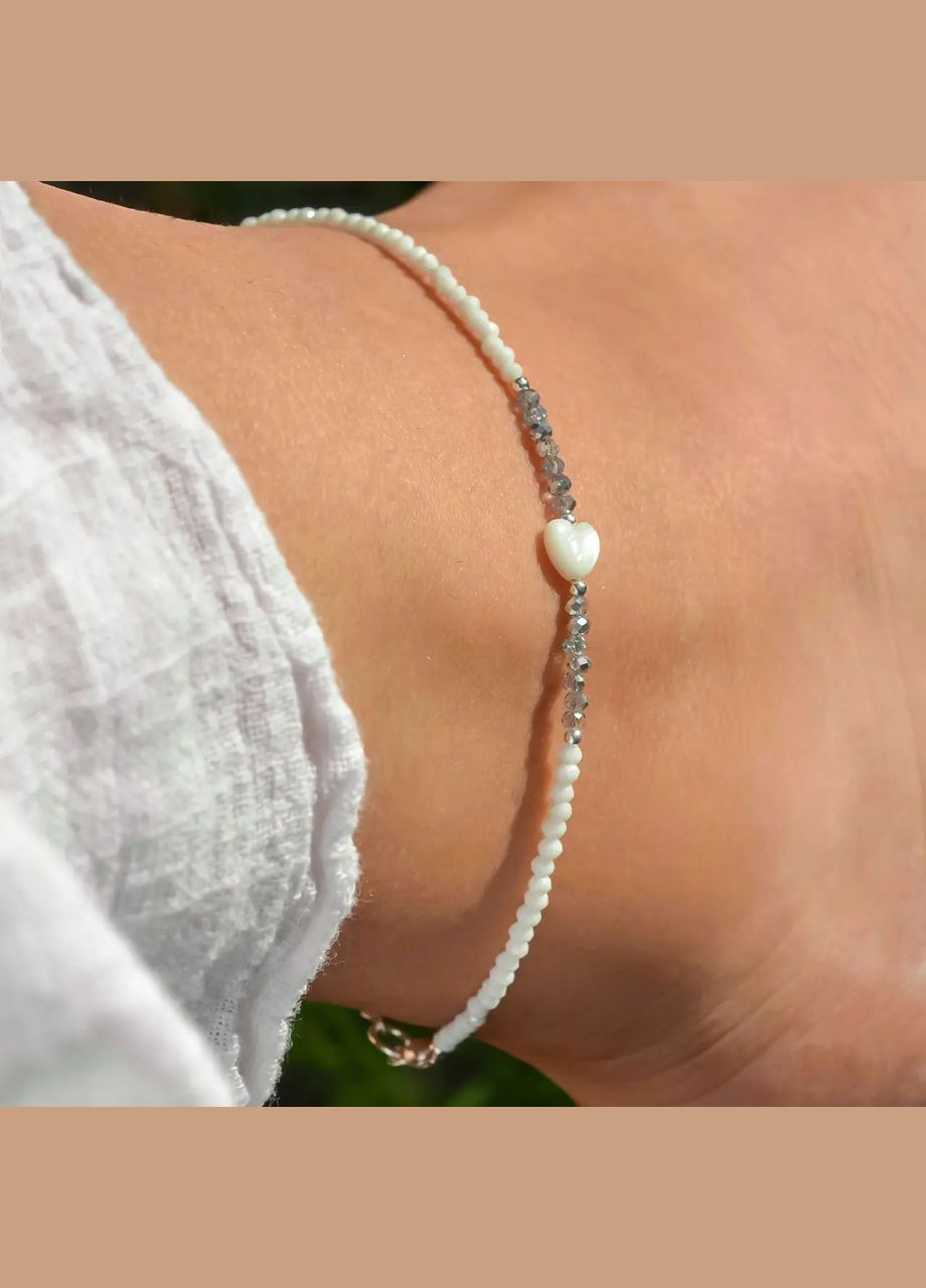 Анклет браслет на ногу Чеський Кришталь і вставка серце Перламутр, гіп-ний сплав колір срібло d-2мм L-23-28см No Brand браслет анклет (301279077)