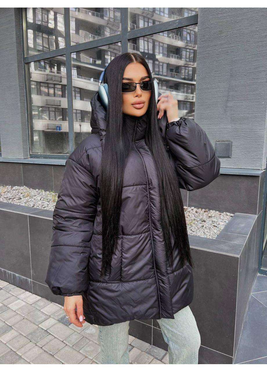 Чорна зимня куртка-пуфер зима,з поясом та капюшоном,низ та рукава на резинці,мікро пух 250 Україна