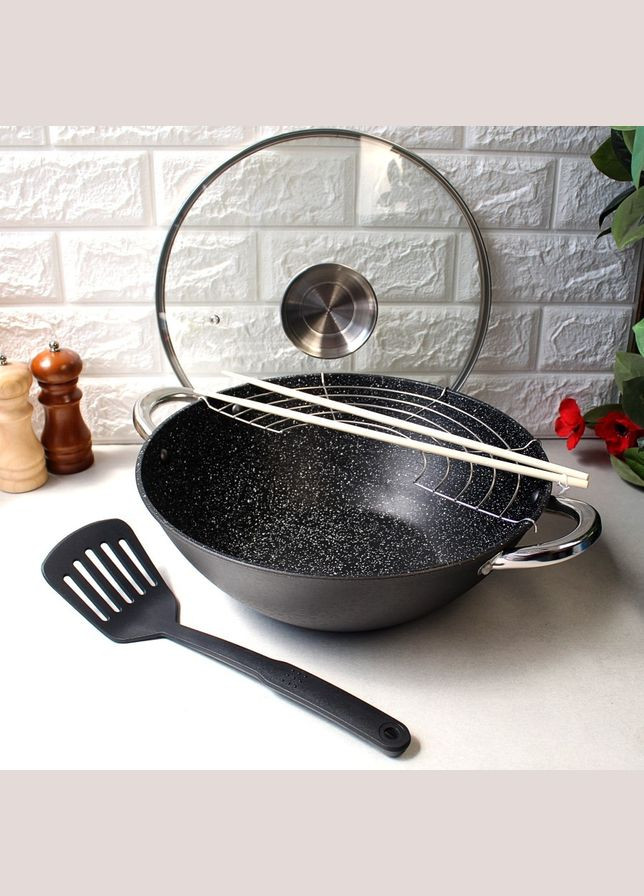 Чавунний казан Wok для плову з антипригарним покриттям 4,5 л для індукції і газу Kamille (370388836)