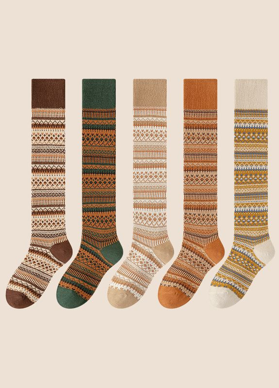 Комбинированные набор носков высоких 5 пар с этническими орнаментами носки зеленые коричневые телесные рыжие капучино беж 35-41 (311222994)