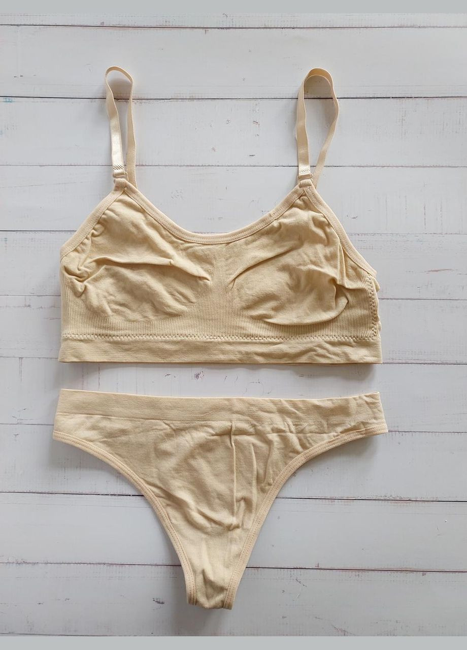 Бежевий демісезонний комплект білизни жіночий топ бюстгальтер труси стрінги honey fashion accessories s/m чорний (2-184) No Brand