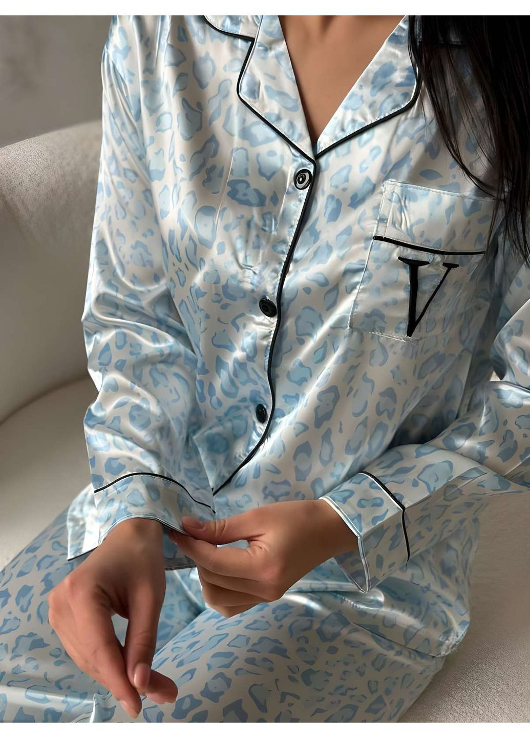 Голубая женская шелковая голубая леопардовая пижама брючная рубашка на пуговицах и брюки No Brand