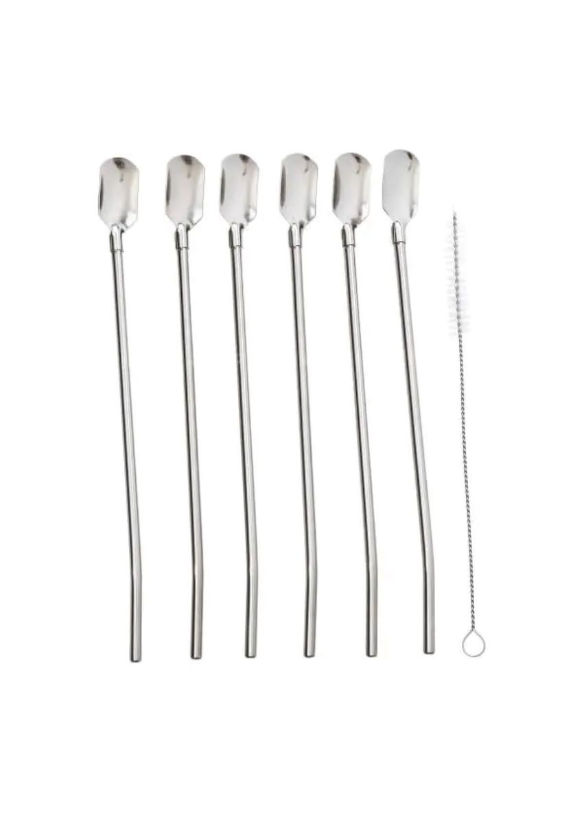 Набір багаторазових ложок-трубочок 6 шт для напоїв 22 см зі щіткою для миття з нержавіючої сталі Сірий HP-20-19 (A-033716) Yiwu (355889965)