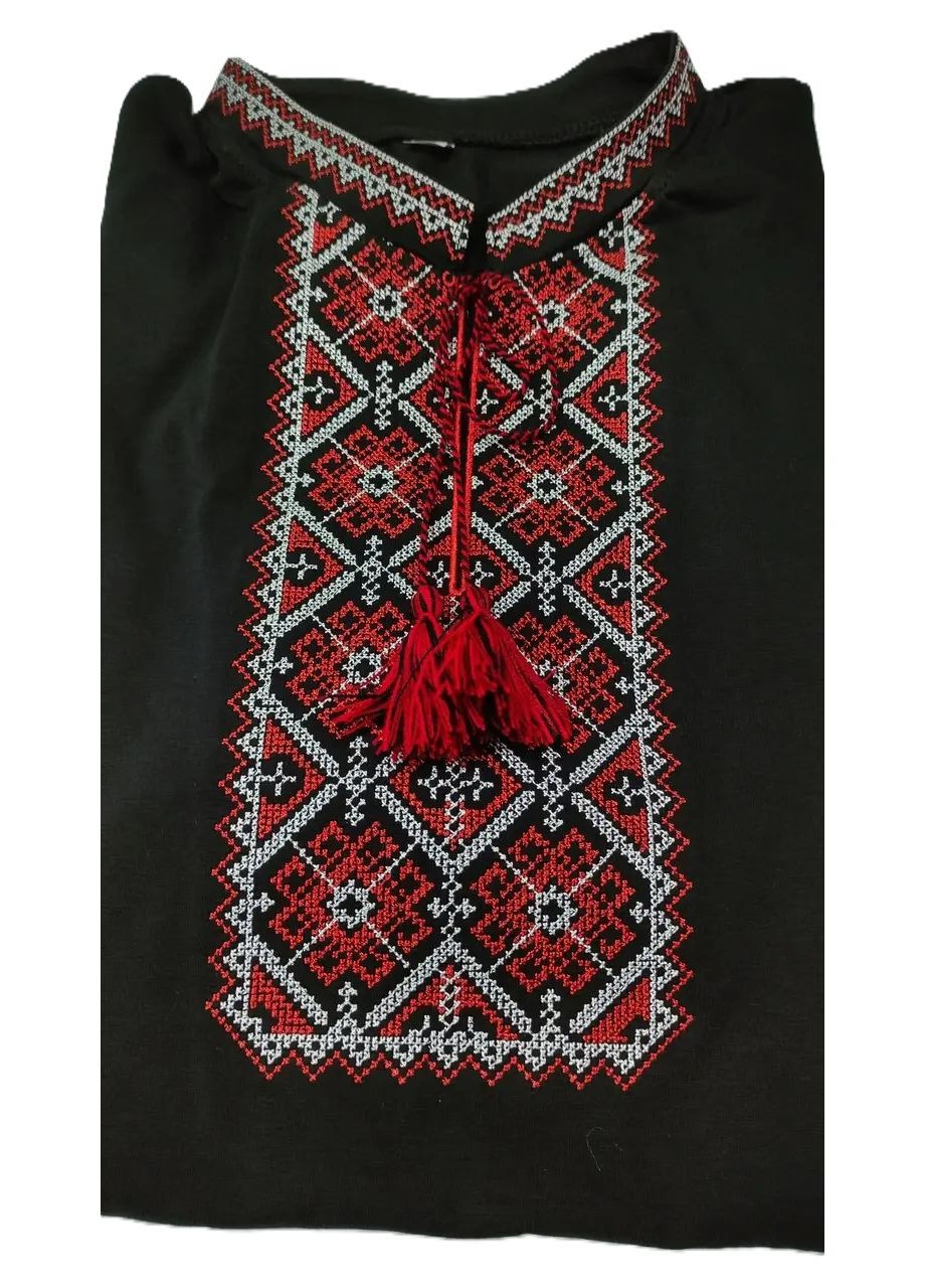 Чёрная мужская вышитая футболка вышиванка черная на завязках НоКо узор орнамент свободная, прямой хлопок, эластан (314510365)