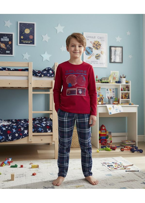 Красная зимняя пижама для мальчика лонгслив + брюки Pepperts