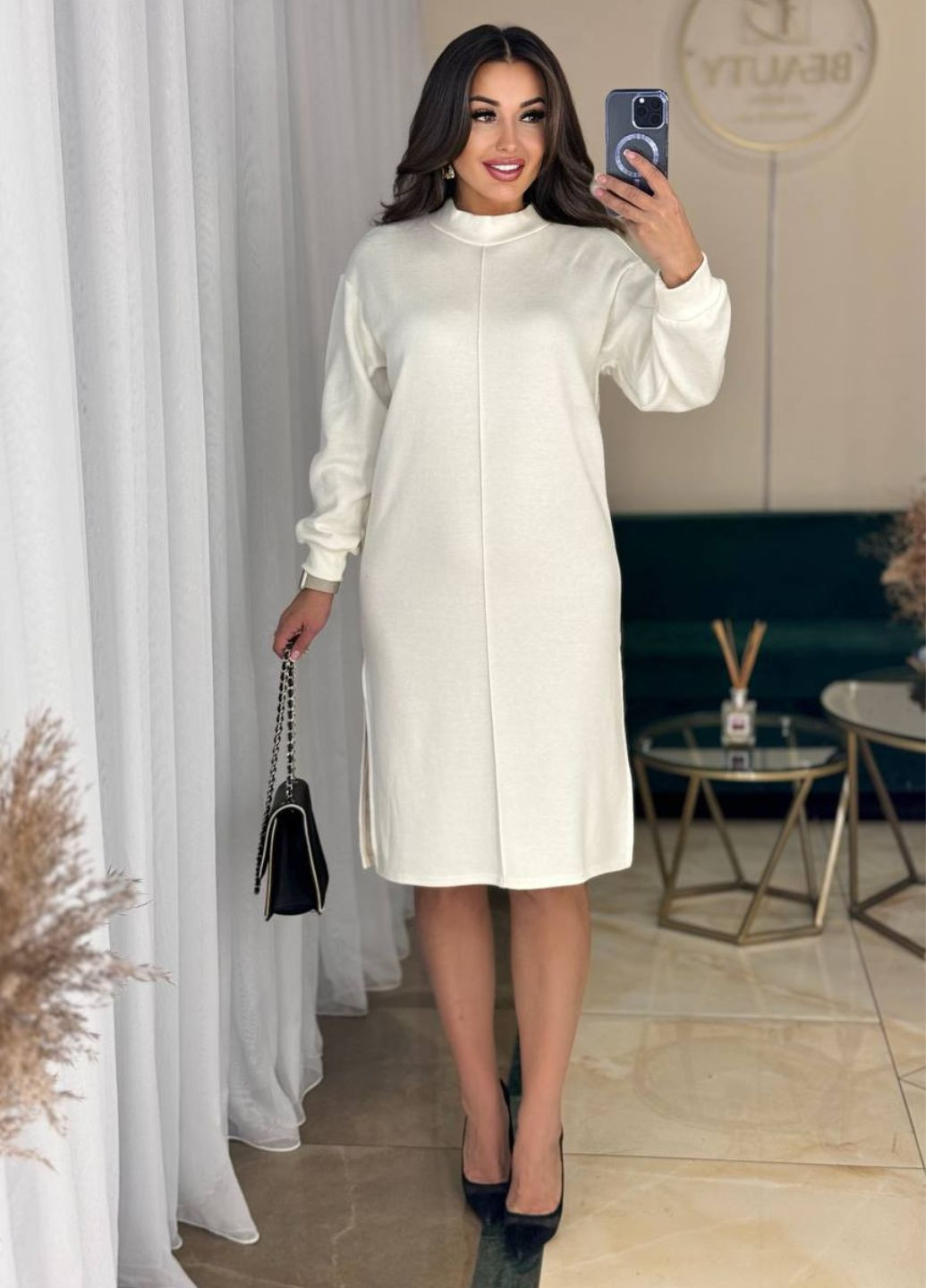 Молочное повседневный миди платье с разрезами и поясом Allthings меланжевое