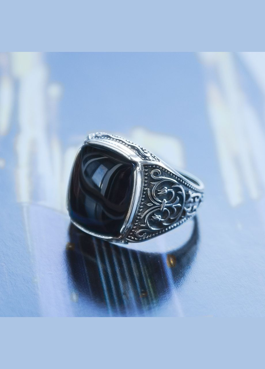 Кольцо серебряное мужское массивное с глубоким узором и черным ониксом. Каштан (342335079)