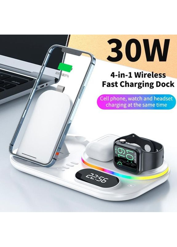 Бездротовий зарядний пристрій з годинником A06 4in1 Білий Epik (372164245)