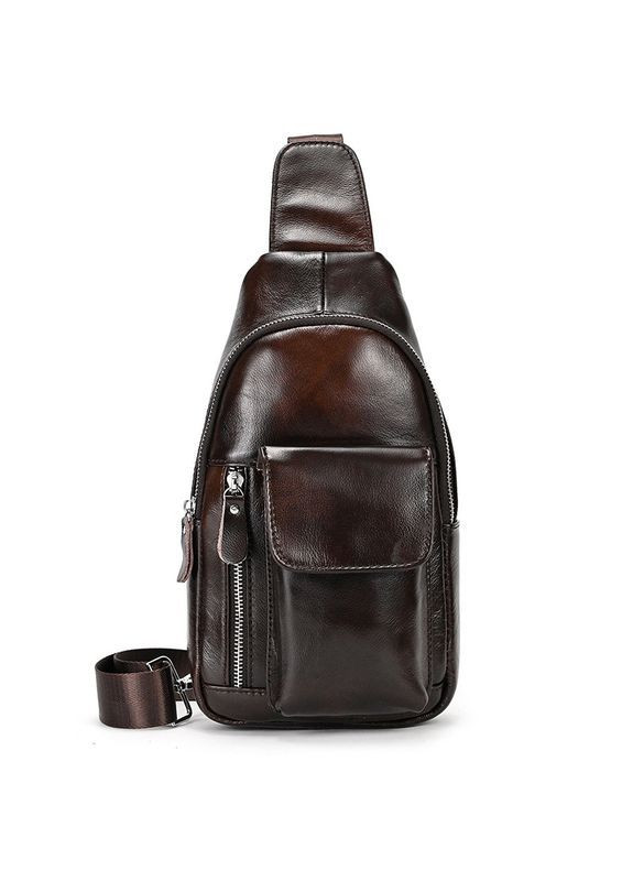 Мужская нагрудная сумка слинг из натуральной гладкой лакированной кожи Qvant 668к - Коричневая Tiding Слінг (366889842)