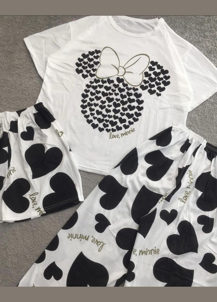 Белая всесезон стильная женская пижама 3 в 1 пижамный комплект с принтом love minni maus футболка шорты и брюки футболка + шорты + брюки No Brand Піжама
