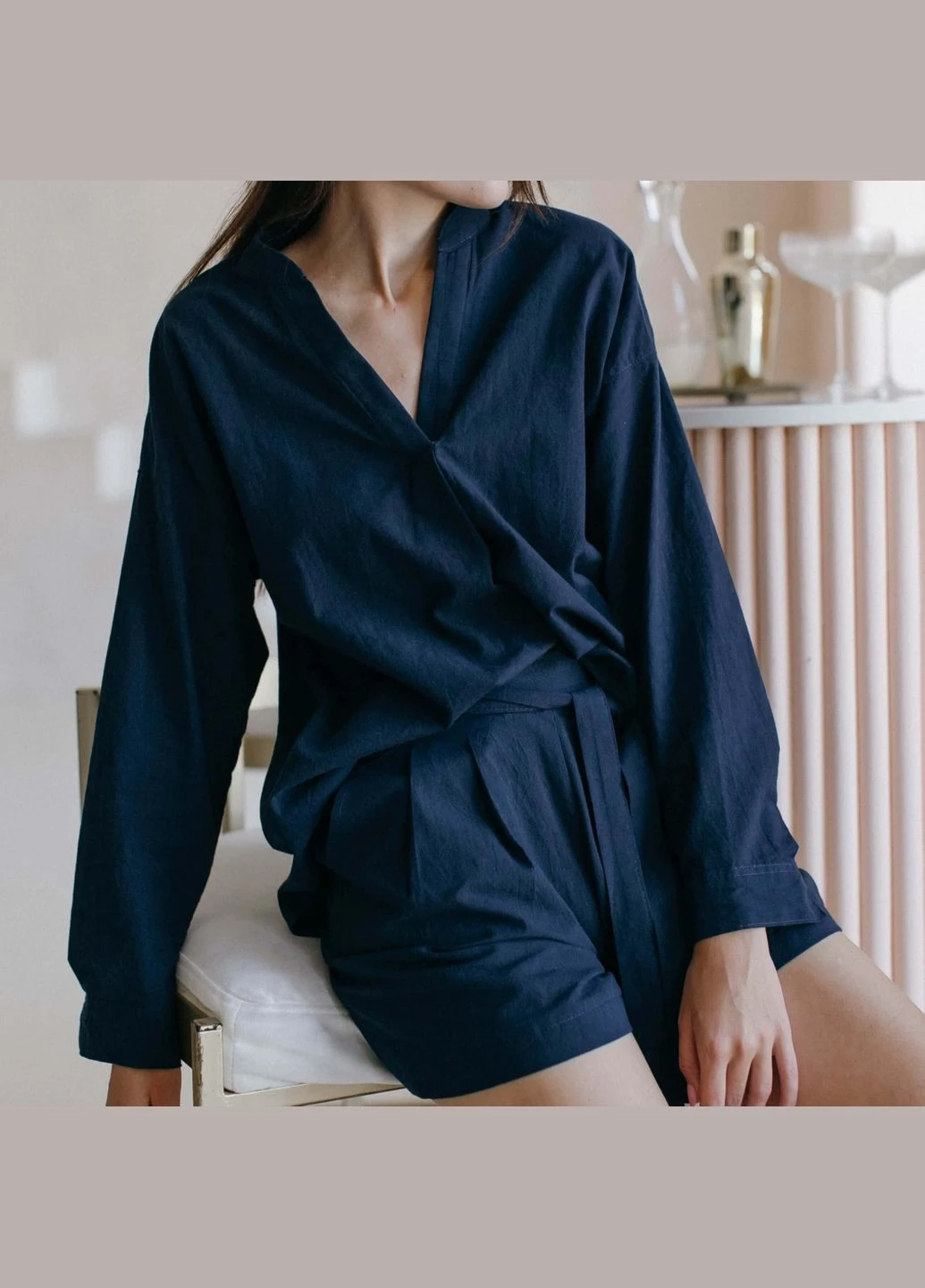 Синя піжама жіноча з шортами та сорочкою navy xxl Leglo