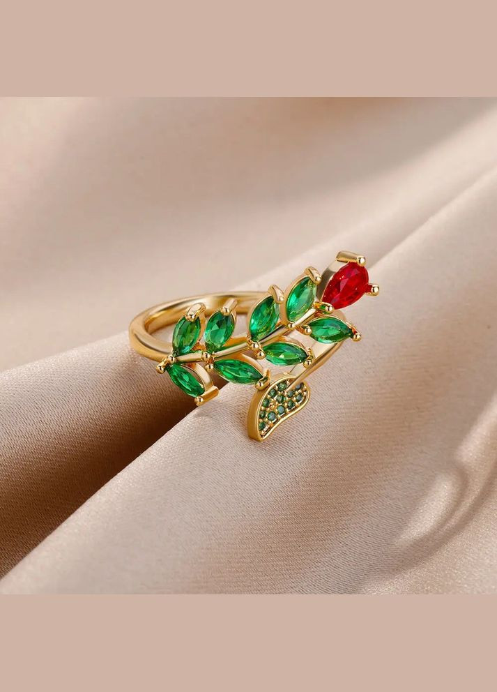 Обручка у вигляді квітки вкрита червоним і зеленими фіанітами медичне золото розмір регульований Fashion Jewelry (289355701)