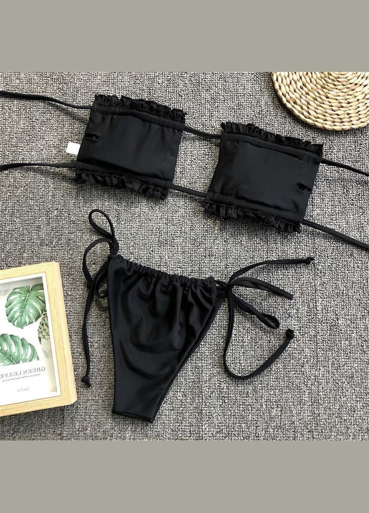 Чорний літній жіночий роздільний купальник шторка на зав'язках леопардовий No Brand