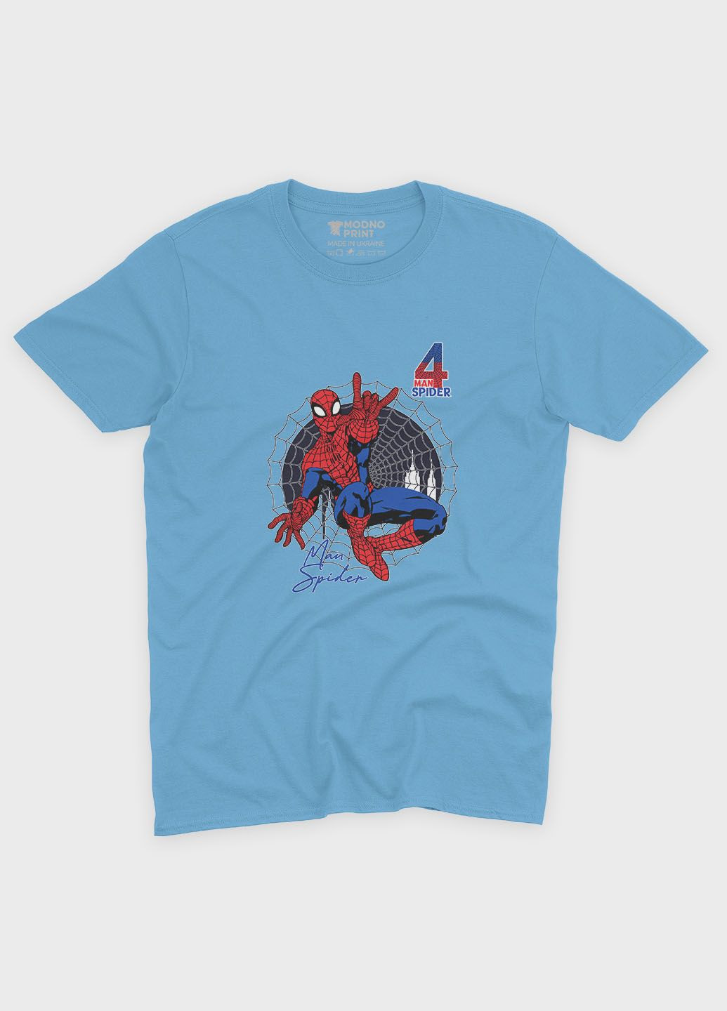 Блакитна демісезонна футболка для дівчинки з принтом супергероя - людина-павук (ts001-1-lbl-006-014-072-g) Modno