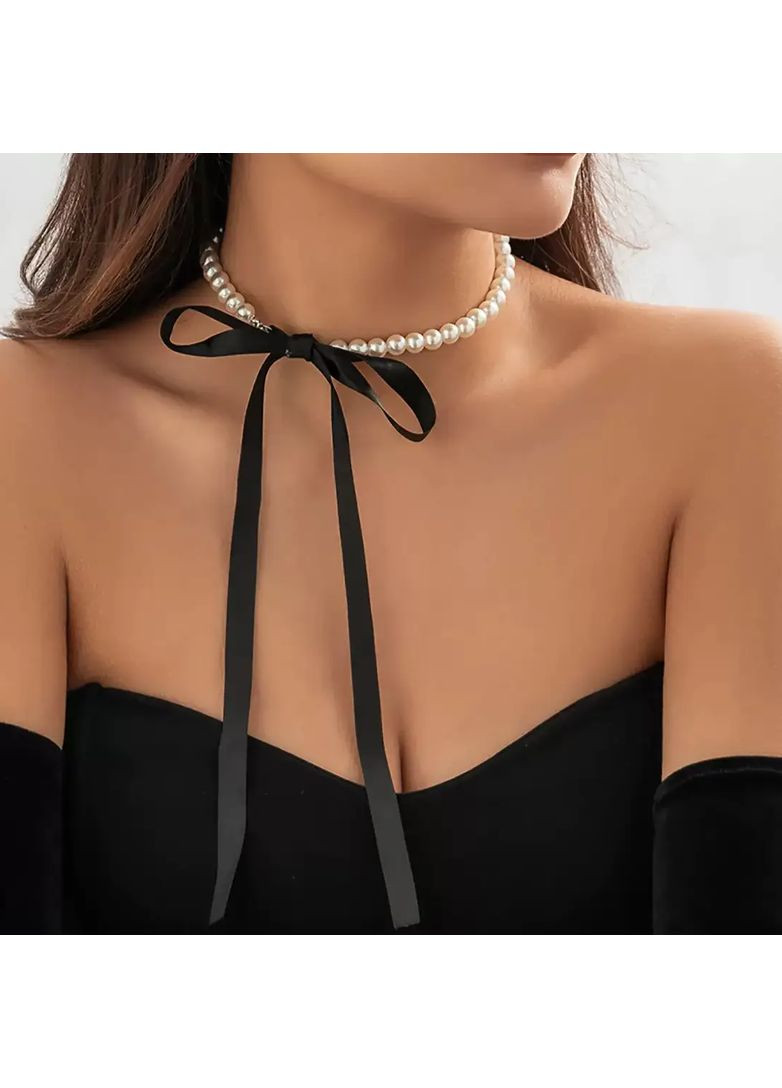 Елегантний перлинний чокер на шию, стильний чокер з атласним бантиком (чорний) China (367623180)