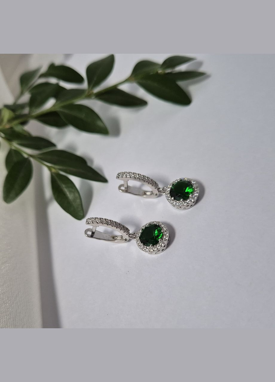 Срібні сережки з підвіскою Коло із Зеленим каменем срібло 925 проби Родоване 82145з 3.87г No Brand (326602736)