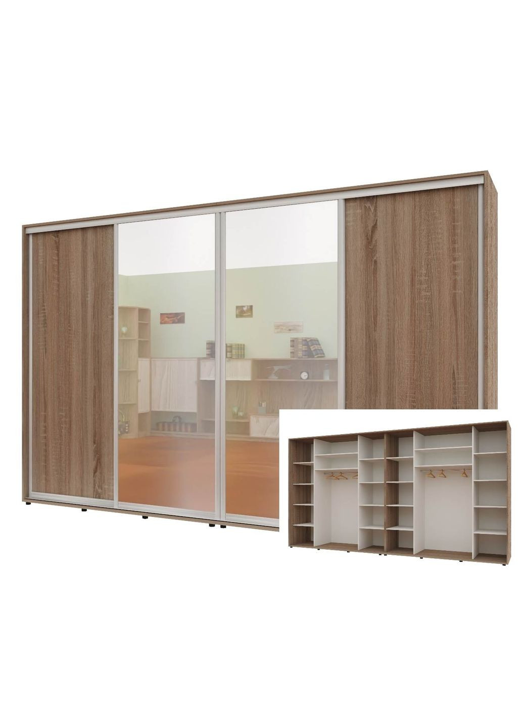 Шкаф-купе четырехдверный Комфорт Мебель 320*60*240 см Трюфель ДСП + Зеркало + Зеркало + ДСП Макси Комфорт Меблі (360438602)