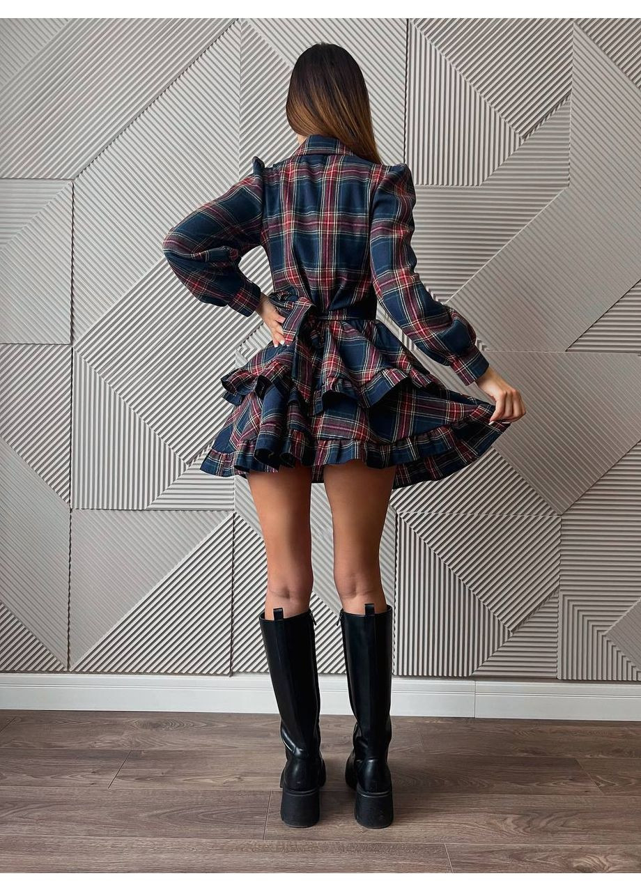 Синя кежуал жіноче плаття-сорочка в клітинку з рюшами з пишною спідницею Україна в клітинку