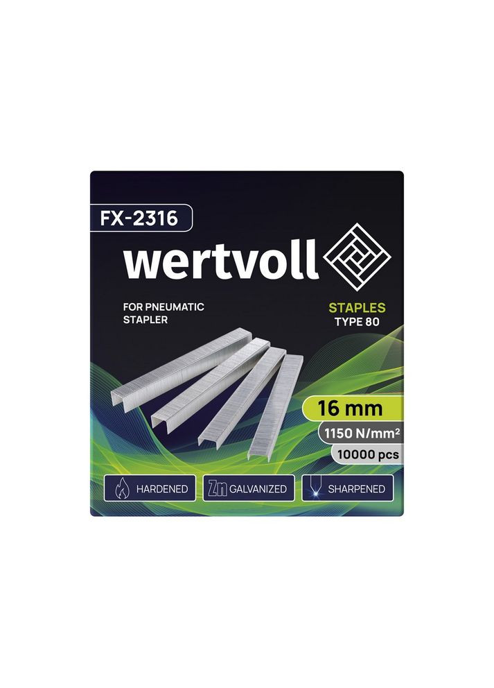 Скобы закаленные для пневмостеплера, тип 80, 16 мм/12.8х0.95 мм, 10000 шт. Gray (FX-2316) Wertvoll (340911182)