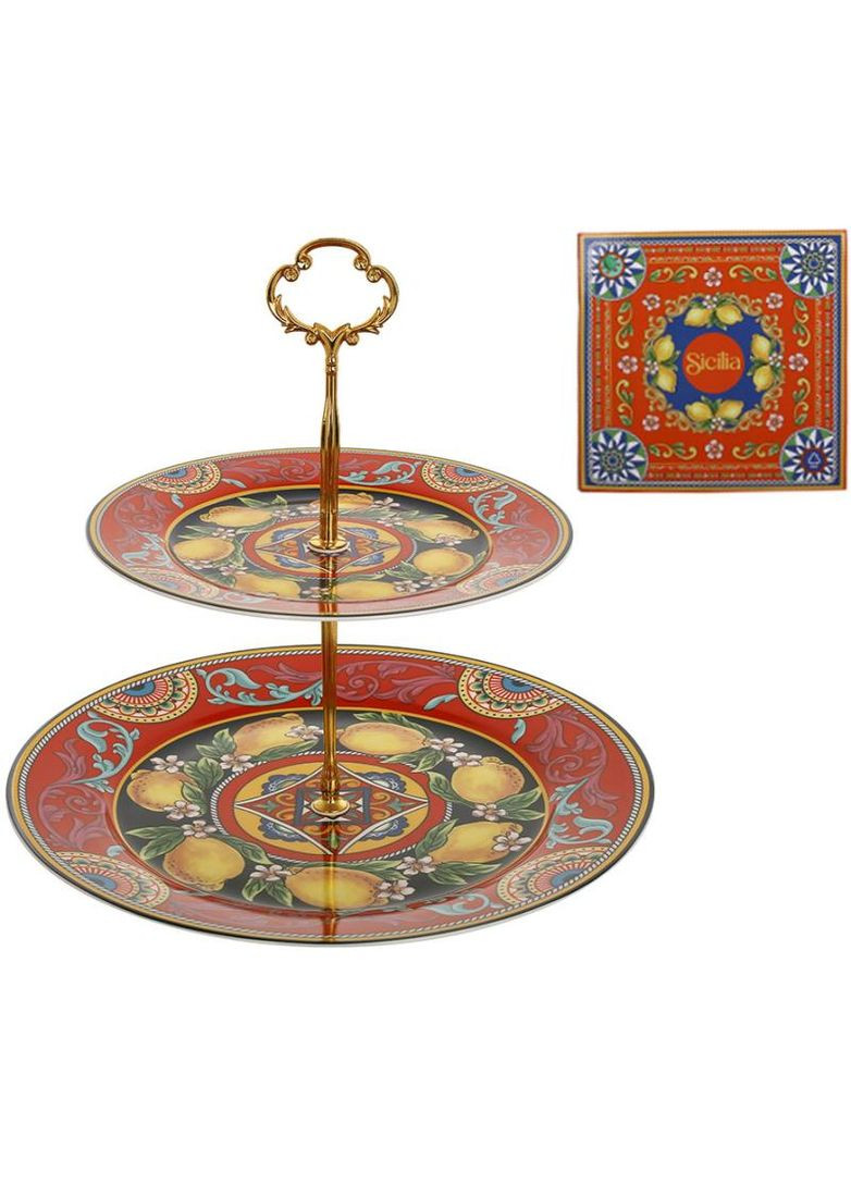 Фуршетная стойка Sicilia "Ornamento" (Орнамент) Ø27см и Ø19см, фарфоровая 2-х ярусная фруктовница Bona (372172836)