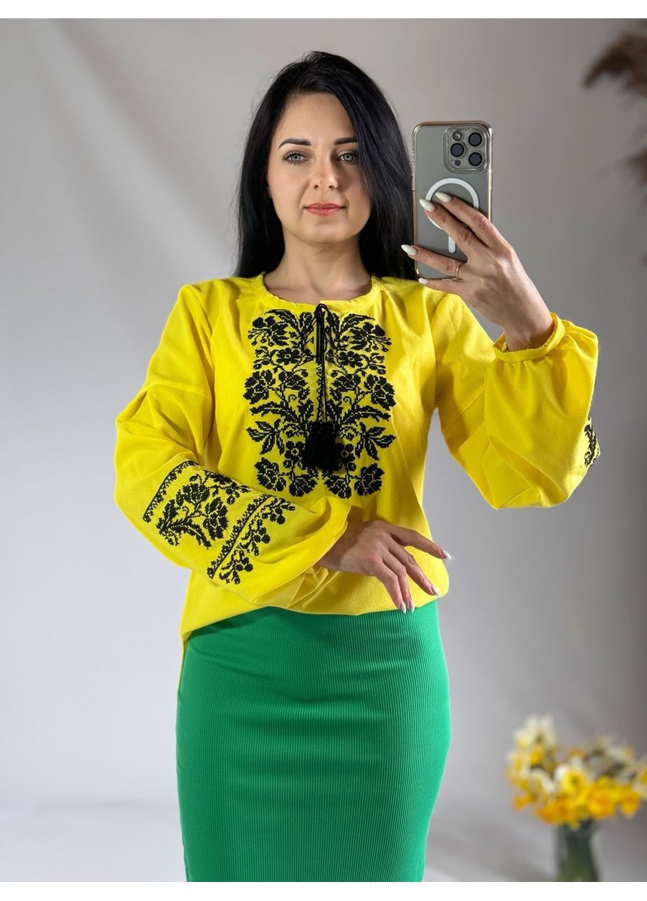 Жёлтая борщевская женская вышиванка с длинным рукавом на шифоне. узор цветочный прямой, свободная шифон (354307038)