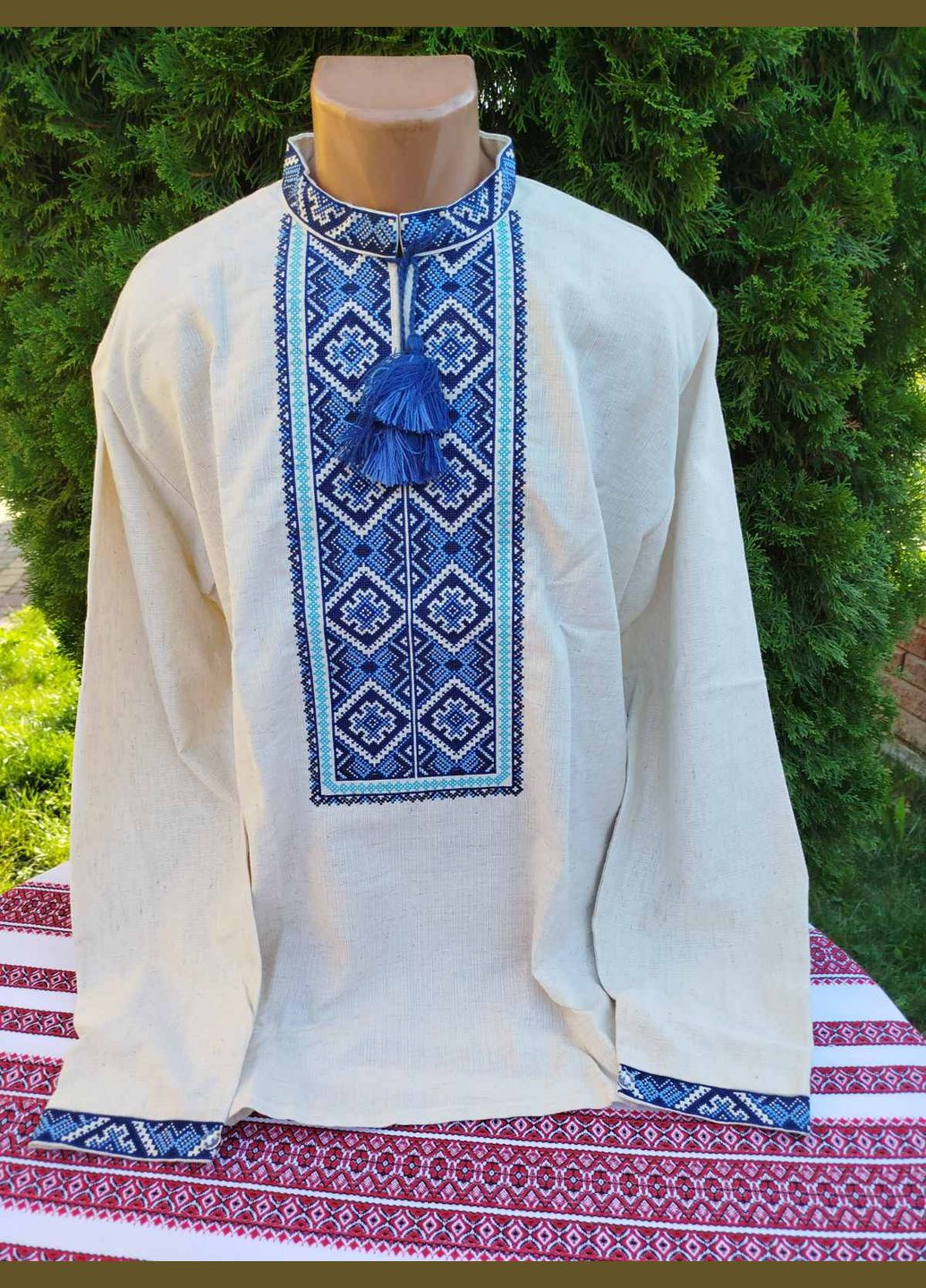 Темно-синя чоловіча вишиванка "орнамент" на натуральному льоні (колір світлий беж) Прикарпатські Вишиванки візерунок геометричний пряма льон (324625863)