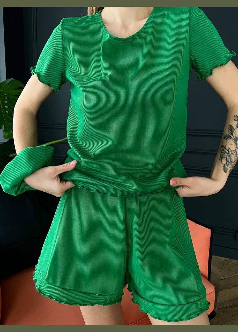 Зеленая всесезон пижама женская комплект шорты футболка резинка для волос футболка + шорты JUGO m523