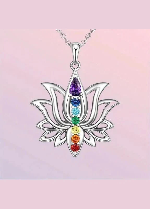 Кулон с цепочкой цветок лотоса с камнями чакр серебристый 2.3 см 45+5 см Liresmina Jewelry (317563130)