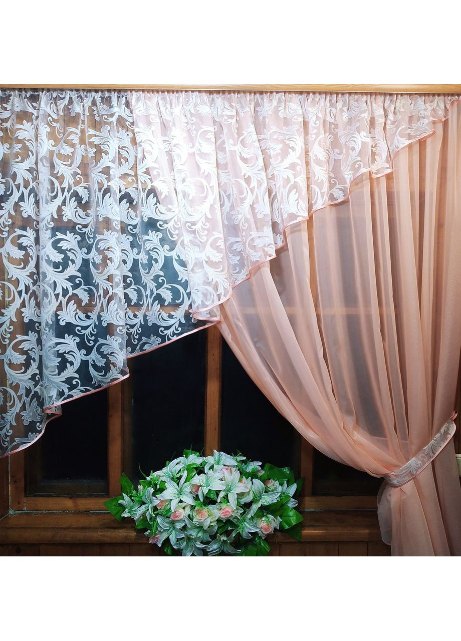 Занавеска кухона готовая короткая Анжелика персик вензель правая No Brand (372134033)