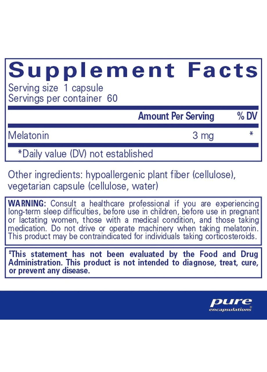 Мелатонин (Melatonin) 3 мг, 60 капсул. Pure Encapsulations (361114988)
