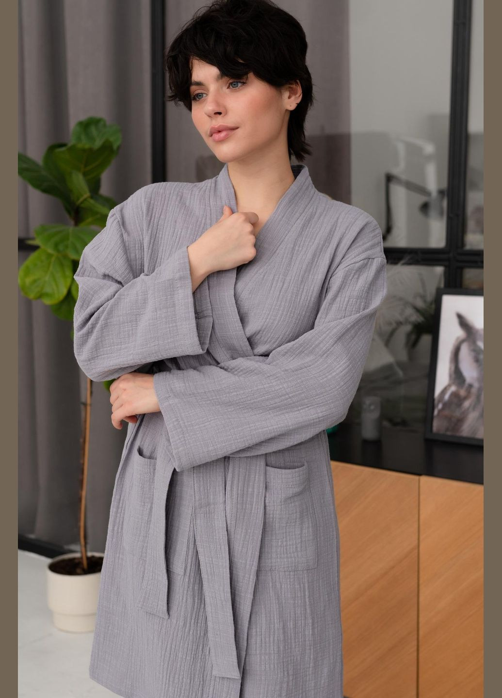 Жіночий халат Duna із фактурного мусліну сірий Cosy (291162710)