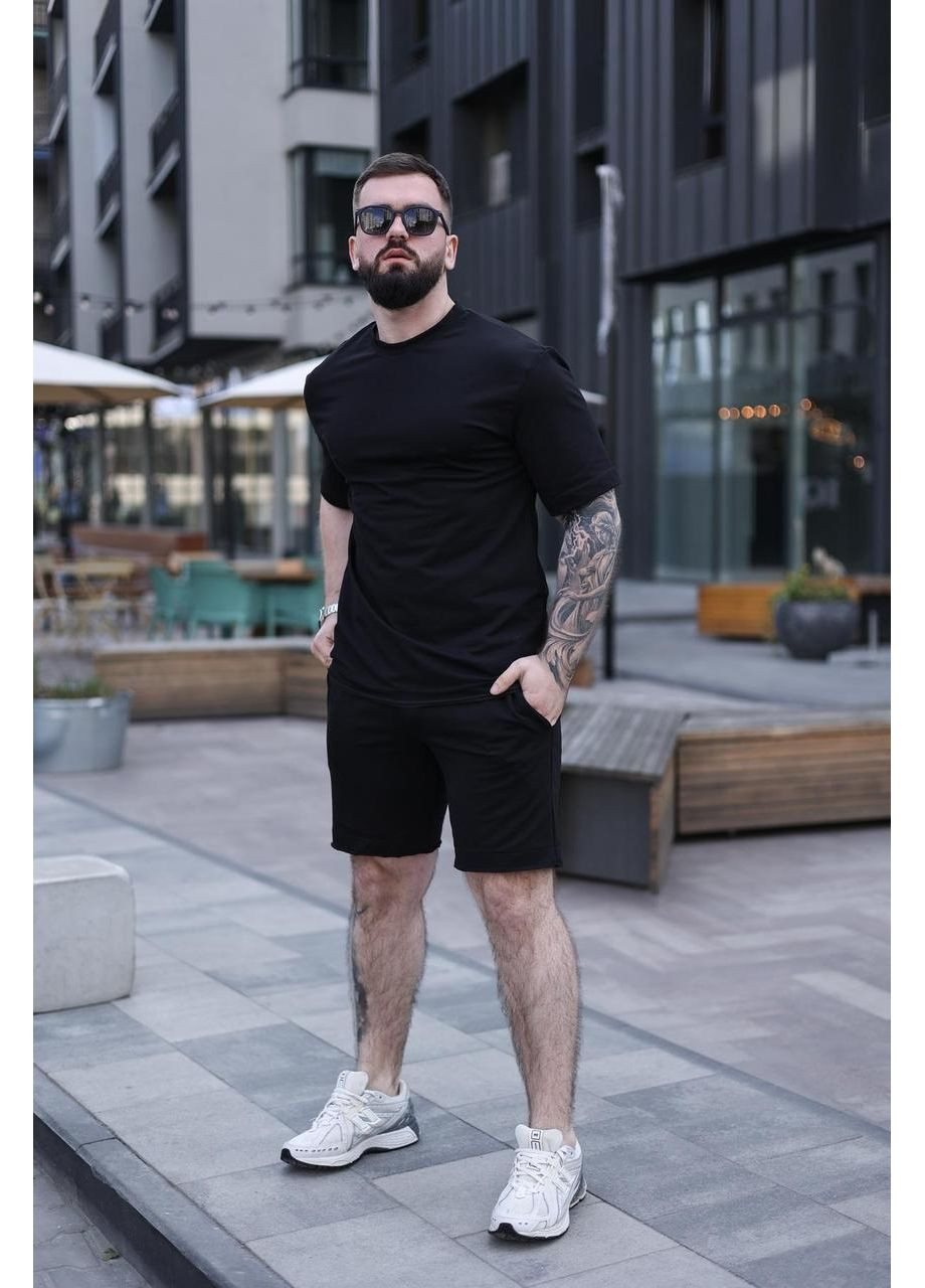 Черный летний мужской хлопковый качественный комплект на лето, шорты и футболка для тренировок отдыха с шортами Intruder