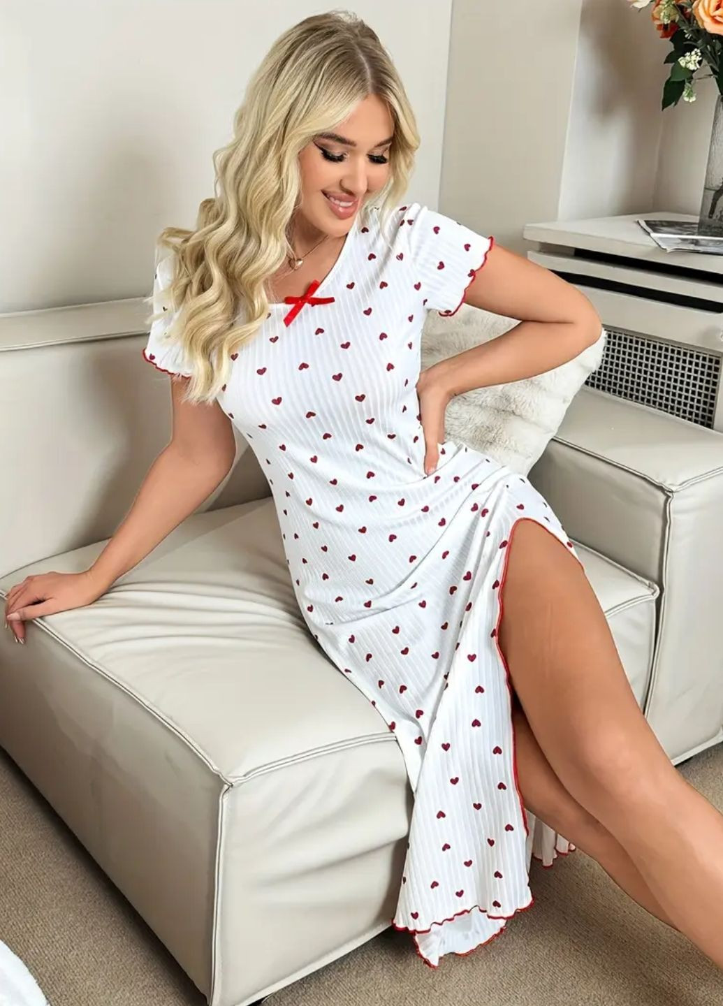 Длинная женская рубашка в рубчик с разрезом и короткими рукавами Night Inspiration (1951-42-01) Macarena (356452815)