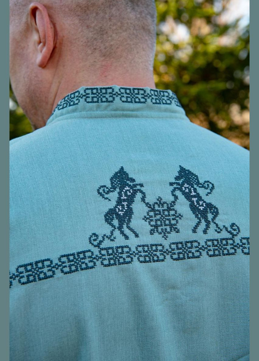 Зелена чоловіча зелена вишиванка із льону | вишита сорочка з геометричним орнаментом візерунок орнамент приталена, вільна, пряма льон (322167529)