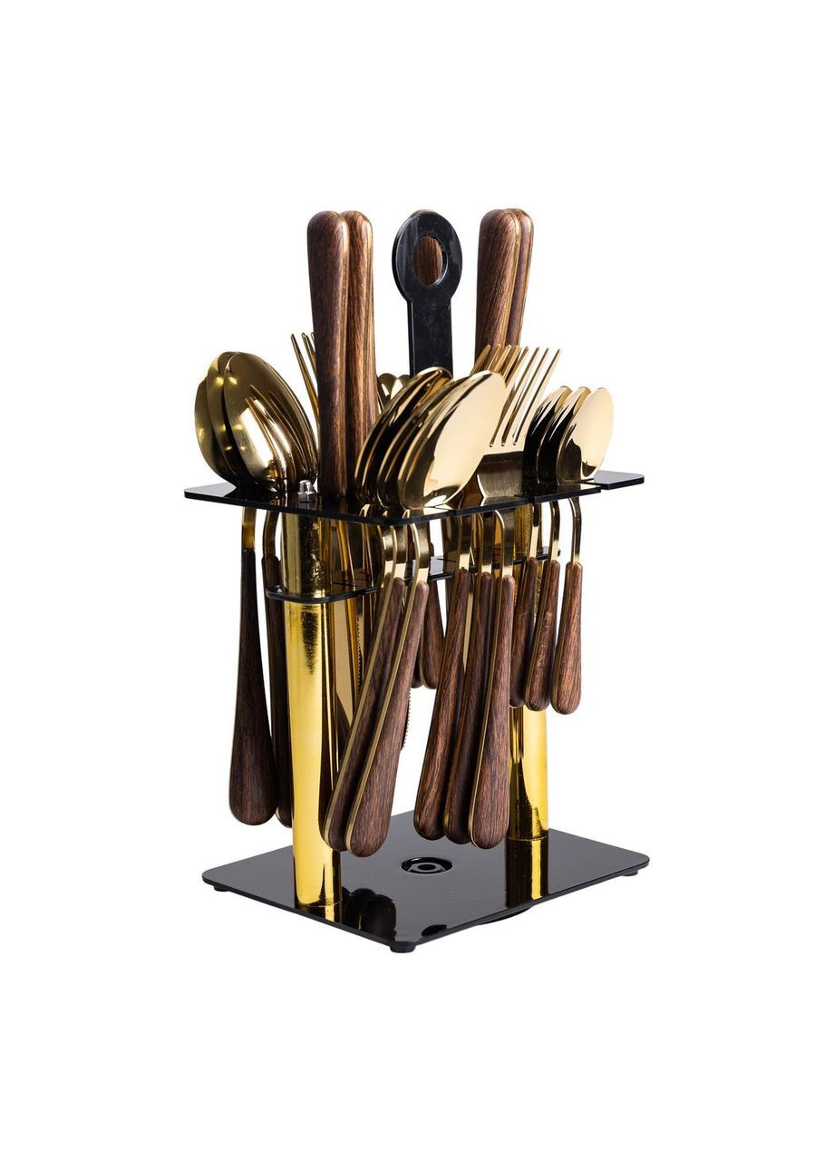 Набір столових приборів на 6 персон з дерев'яними ручками на підставці столові прибори 24 шт Золото HP-20-2 Yiwu (369142950)